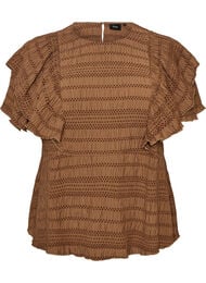 Blus med smock och volang&auml;rmar, Brun