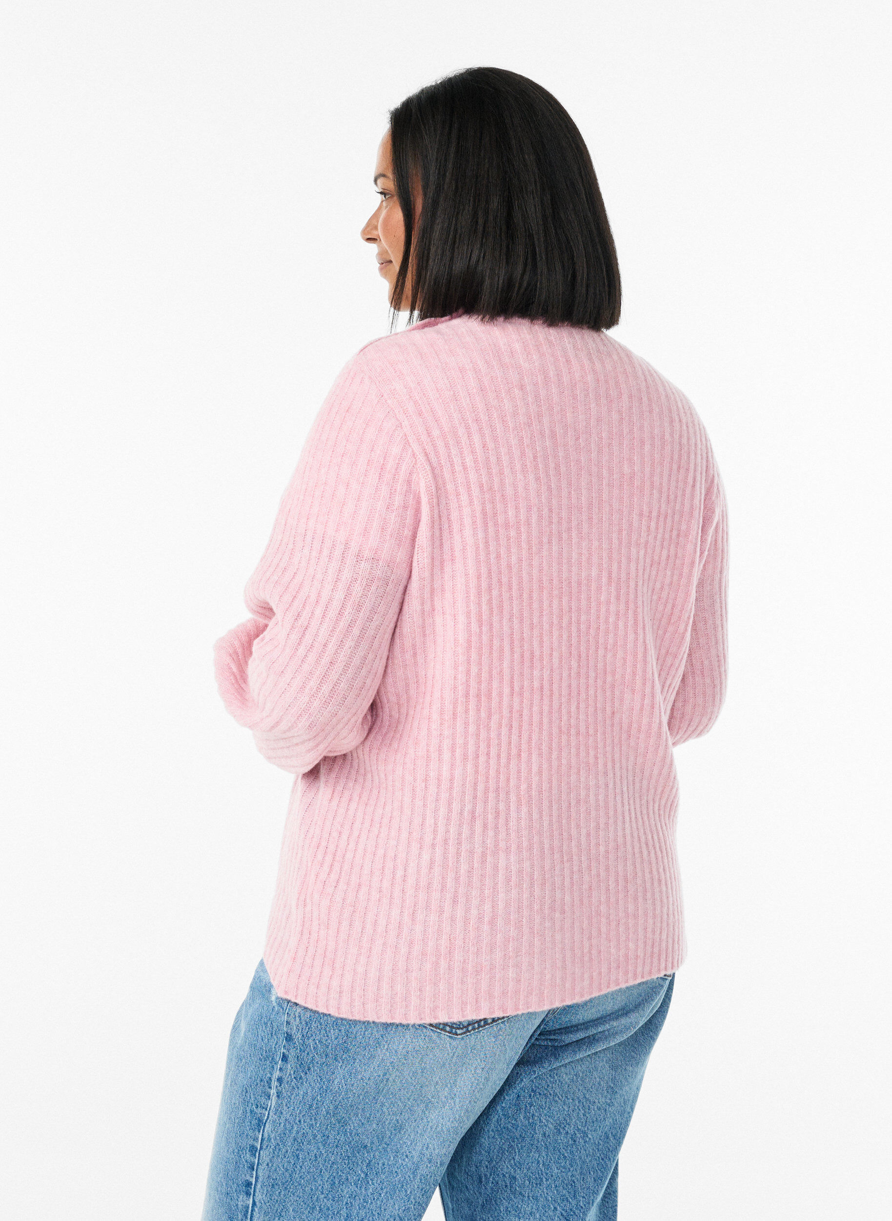ZizziRibbstickad tr&ouml;ja med puff&auml;rmar och knappar, Rosa, Model image number 2