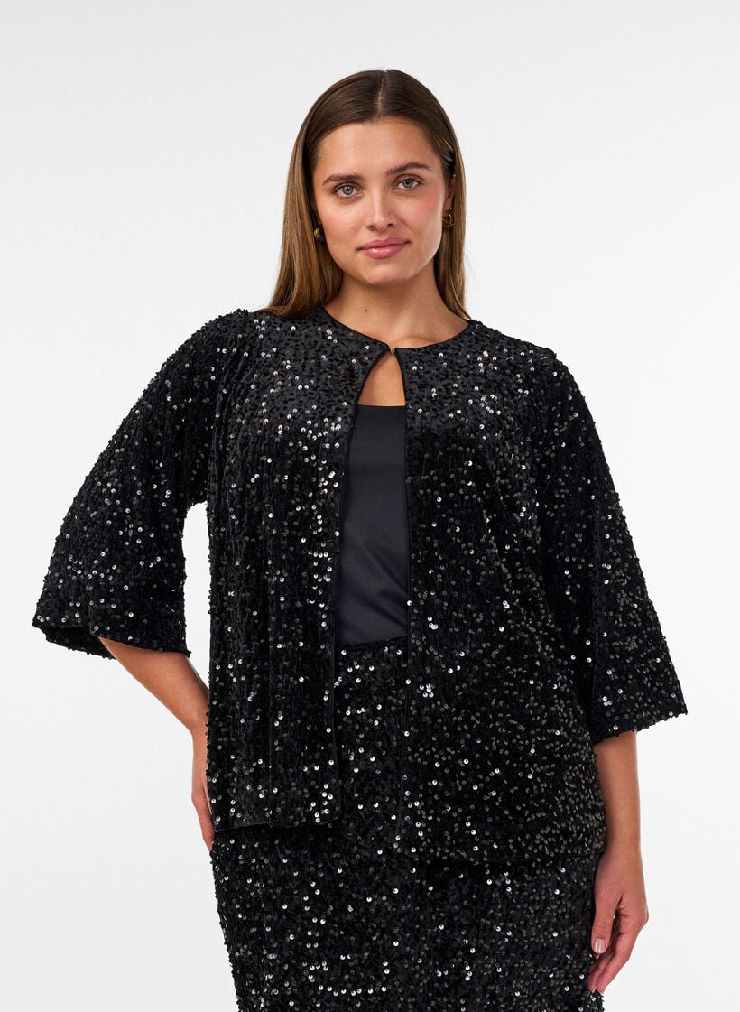 Cardigan med paljetter och 3/4-&auml;rmar, Svart, Model image number 0