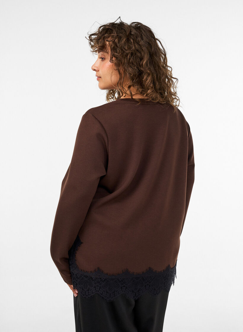 Blus i jersey med spetskant, Brun, Model image number 2
