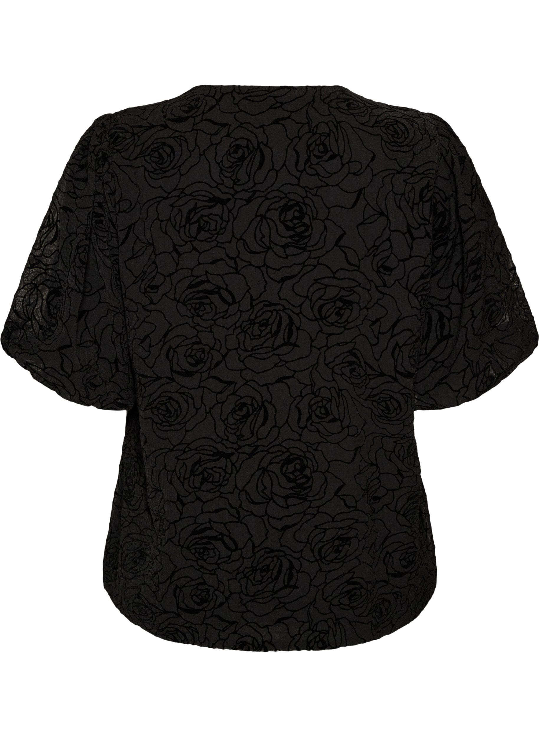 ZizziBlus med blommigt m&ouml;nster och ballong&auml;rmar, Svart, Packshot image number 1