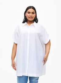 Lång viskosskjorta med korta ärmar, Bright White, Model