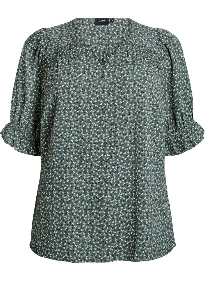Skjortblus med halvl&aring;nga &auml;rmar, Gr&ouml;n, Packshot image number 0
