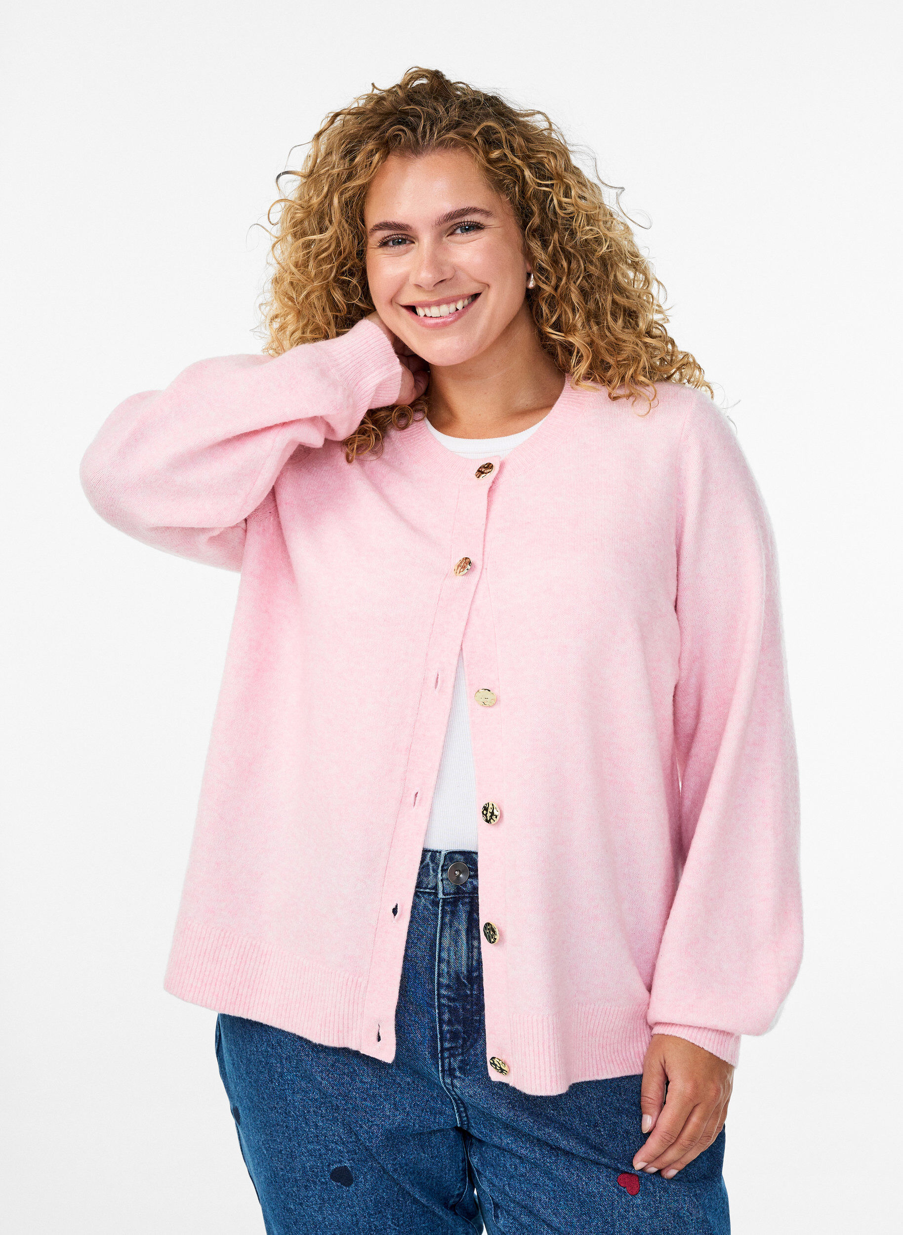 Kofta i mjukt stickat med guldf&auml;rgade knappar, Rosa, Model