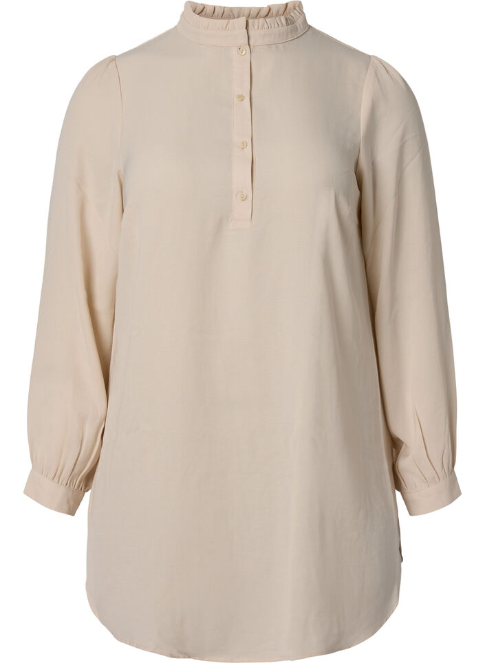 Långärmad tunika med volangkrage, Warm Off-white, Packshot image number 0