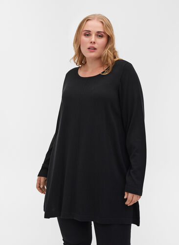 Enfärgad stickad tröja med rund halsringning, Black, Model image number 0