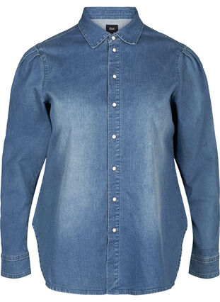 Denimskjorta med puffärmar, Blue denim, Packshot image number 0