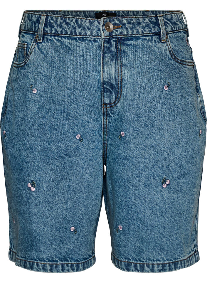 Jeansshorts med h&ouml;g midja och broderade motiv, Bl&aring;, Packshot image number 0