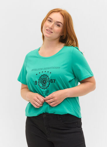 Kortärmad t-shirt i bomull med print, Sea Green, Model image number 0