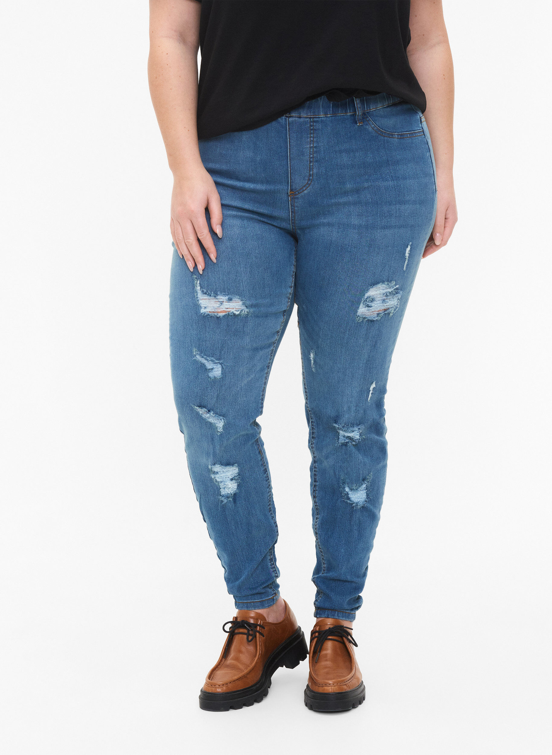 Zizzi Jeggings med slitna detaljer, Blue denim, Model image number 2