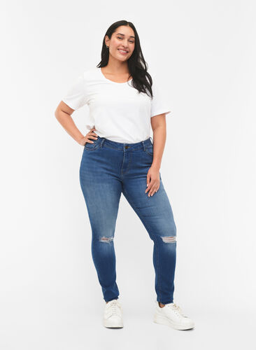 Extra slimmade Sanna jeans med förstörd stil, Blue denim, Model image number 0