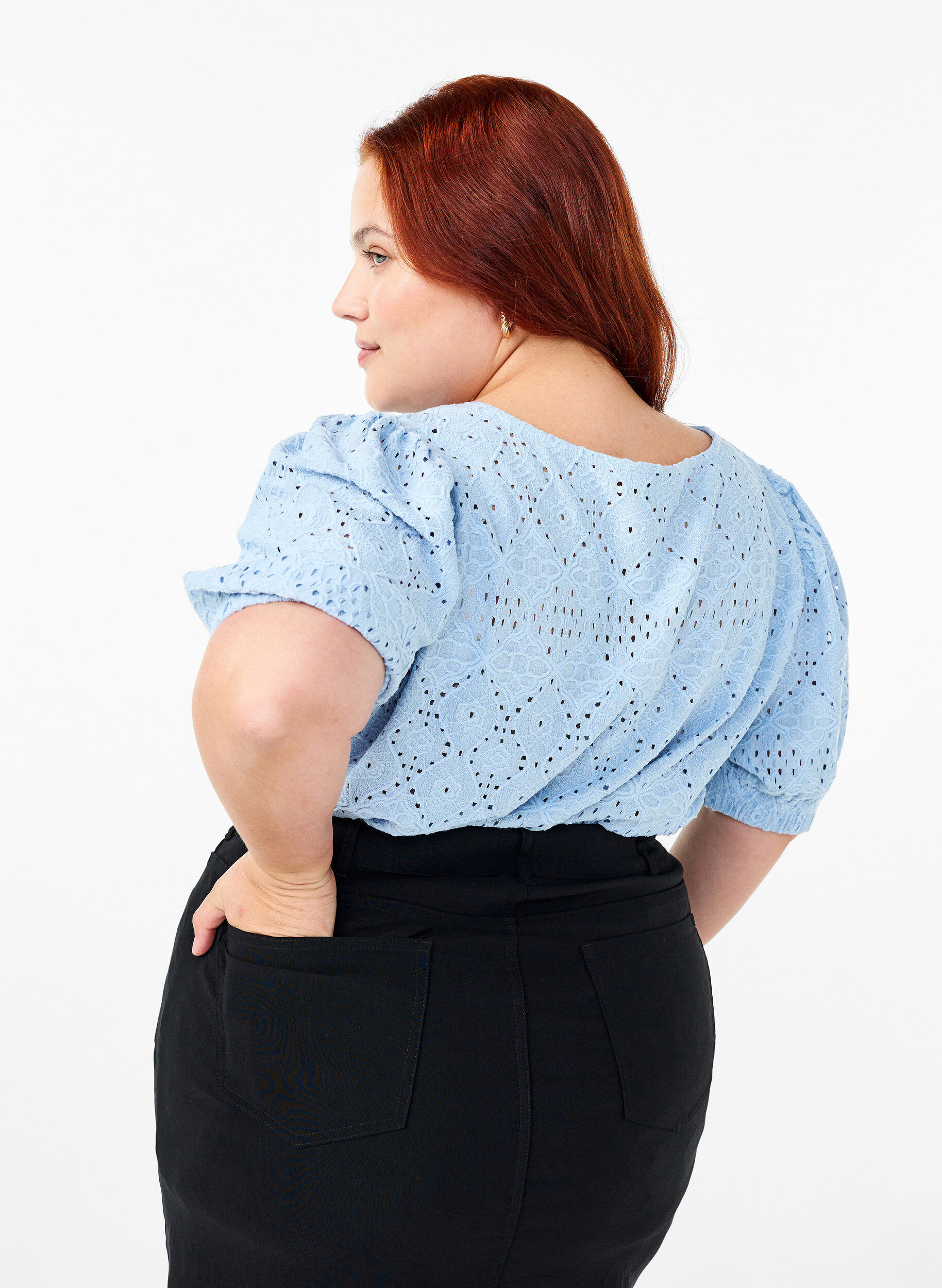 ZizziKort&auml;rmad blus med spetsm&ouml;nster, Cashmere Blue, Model image number 1