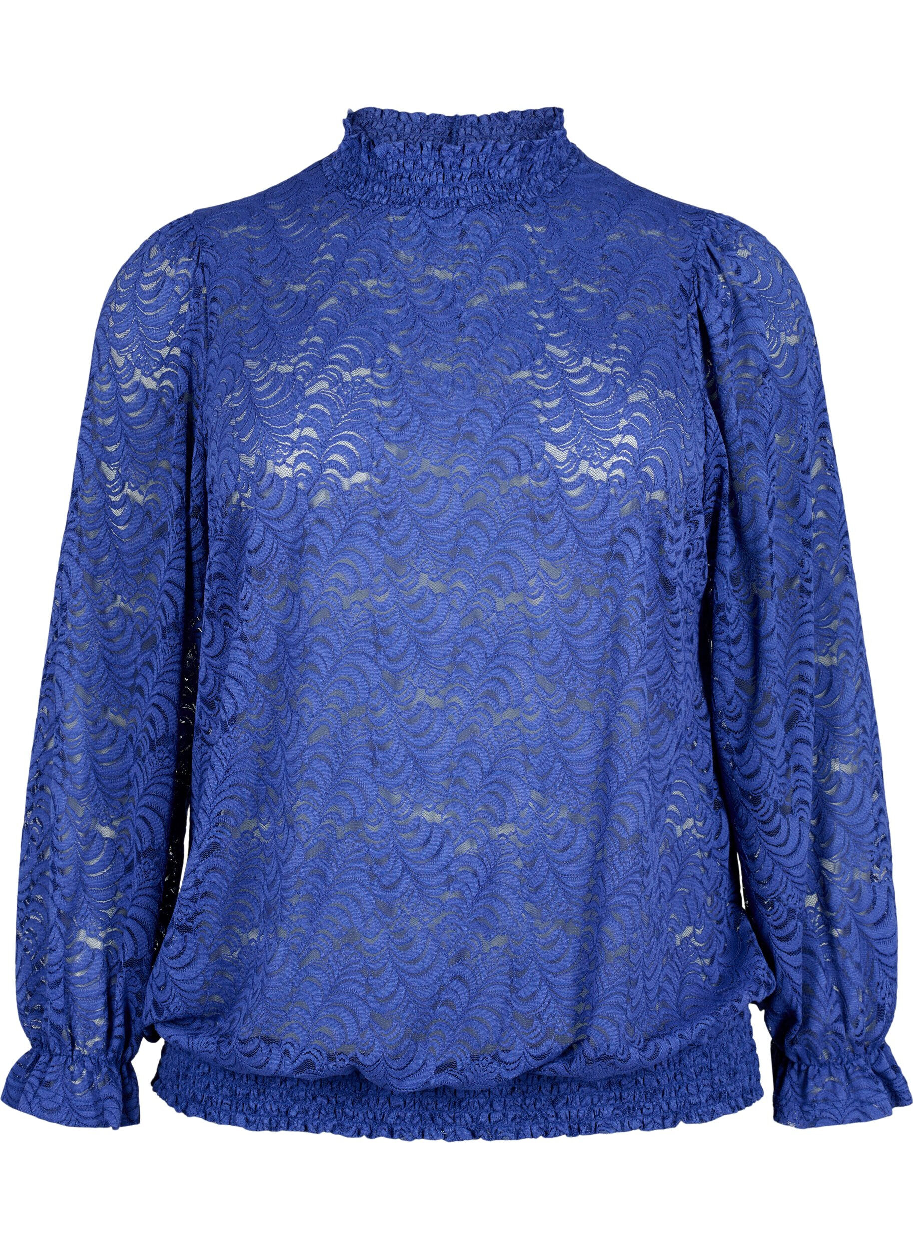 Zizzi L&aring;ng&auml;rmad spetsblus med smock, Deep Ultramarine, Packshot image number 0
