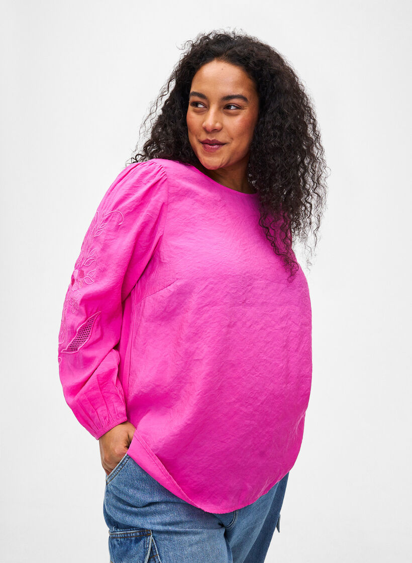 Blus i TENCEL™ Modal med broderidetaljer, Phlox Pink, Model image number 0