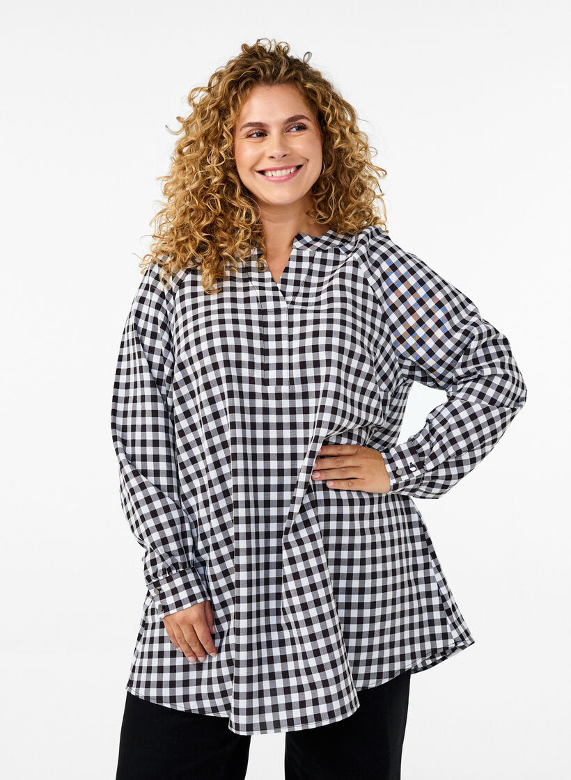Rutig tunika med V-ringning, Black/W. Gingham, Model image number 0