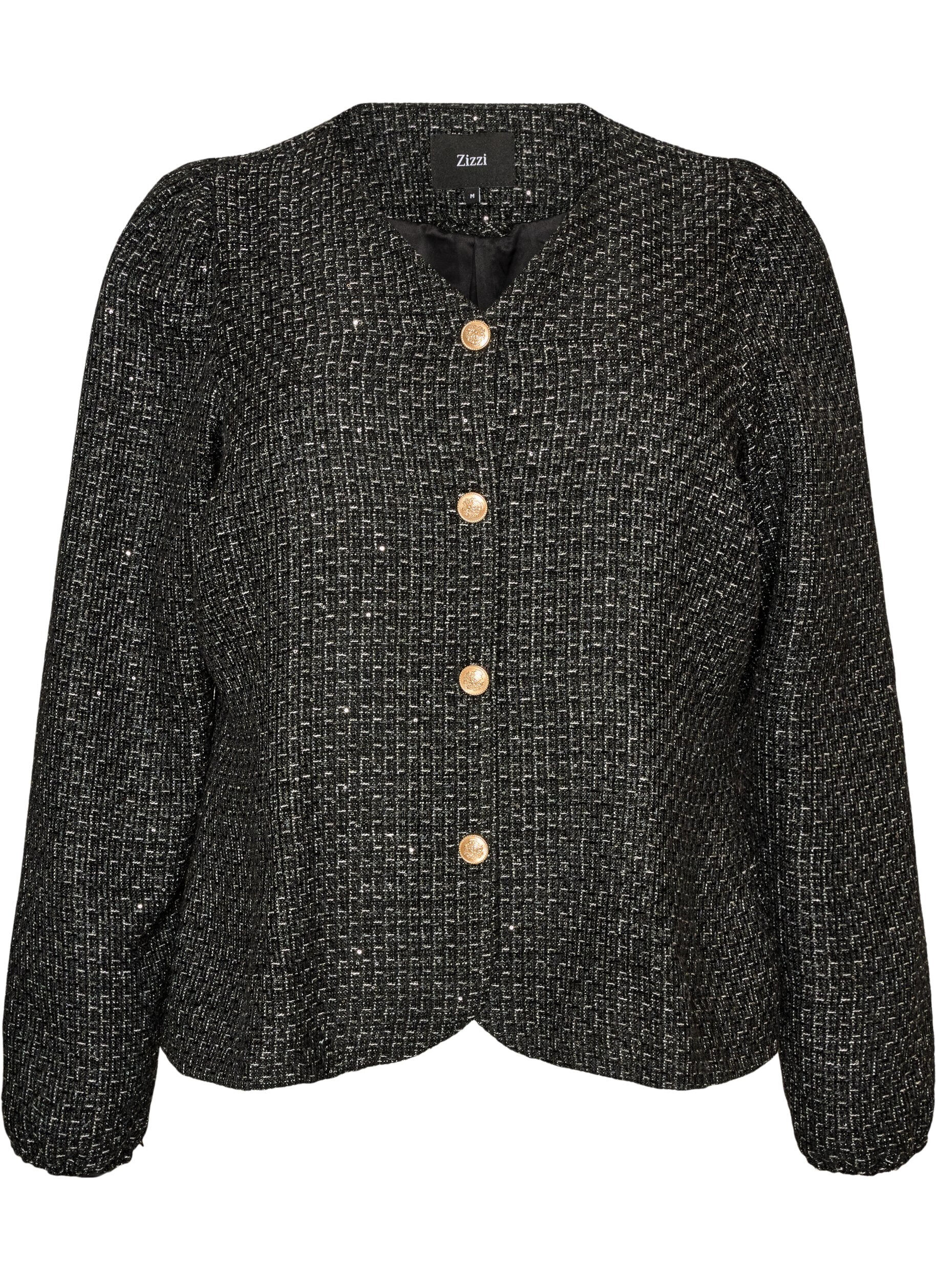 ZizziJacka i boucl&eacute; med paljetter och dekorativa knappar, Svart, Packshot image number 0