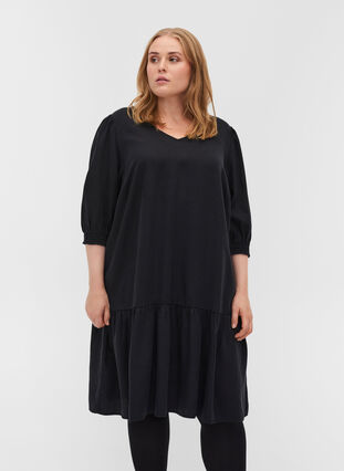 V-ringad klänning med smock, Black, Model image number 0
