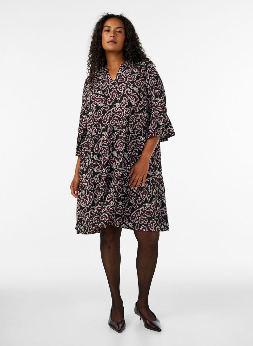 Kort a-linjeformad kl&auml;nning i jersey med helt&auml;ckande m&ouml;nster, M&ouml;rk Bordeaux, Model image number 1