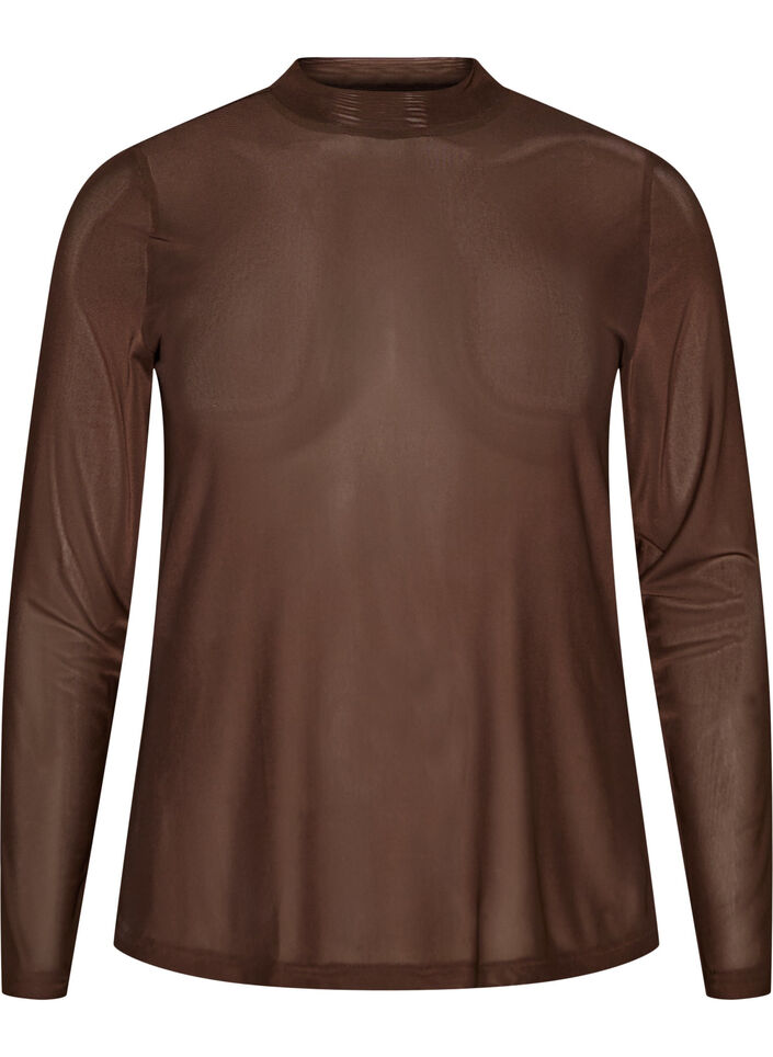 Figursydd blus i mesh med l&aring;nga &auml;rmar, Brun, Packshot image number 0