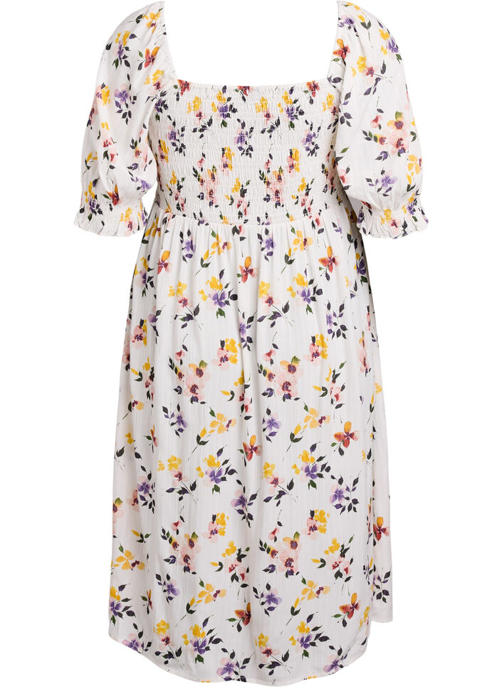 Blommig midikl&auml;nning i viskos med smock, Vit, Packshot image number 1