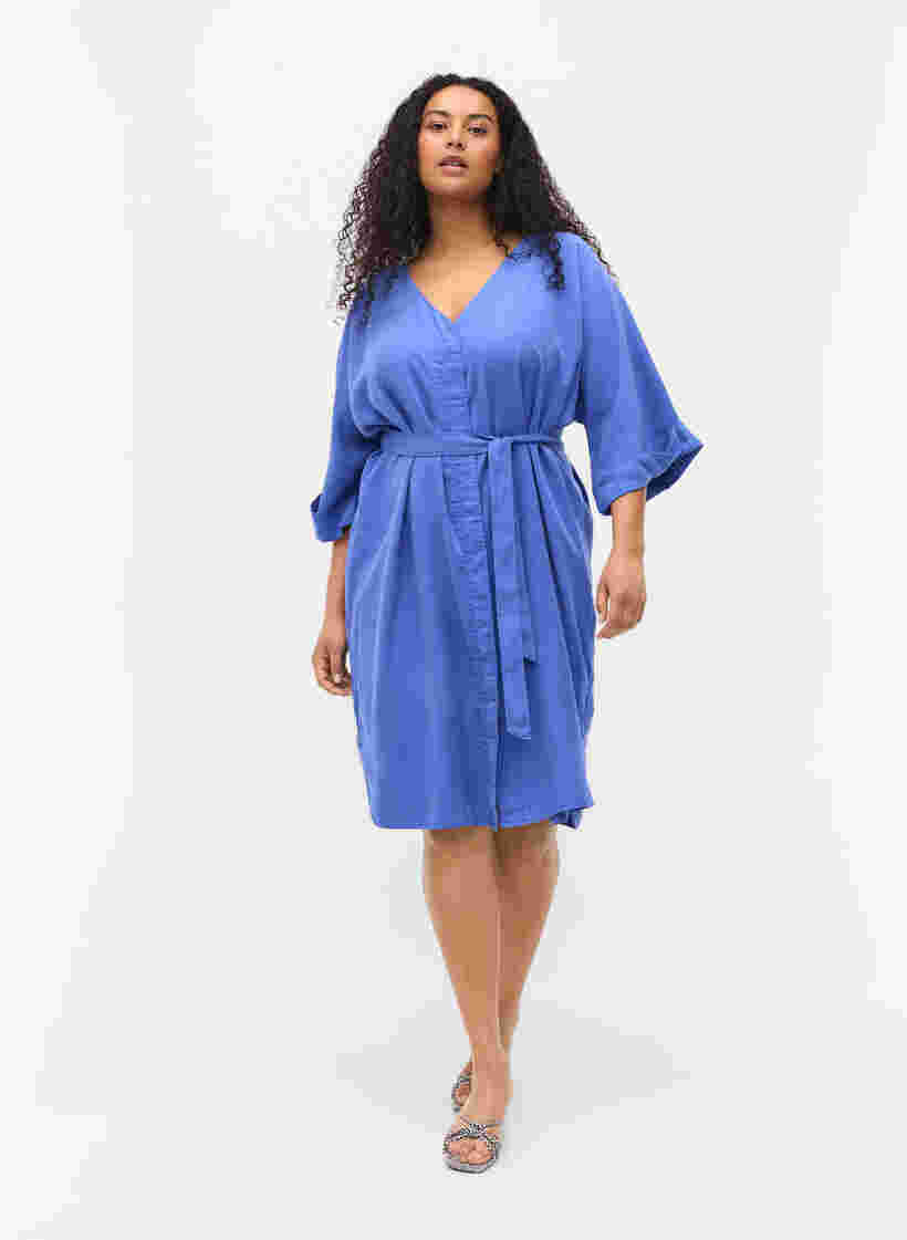Klänning med 3/4-ärmar och knytband, Dazzling Blue, Model image number 2