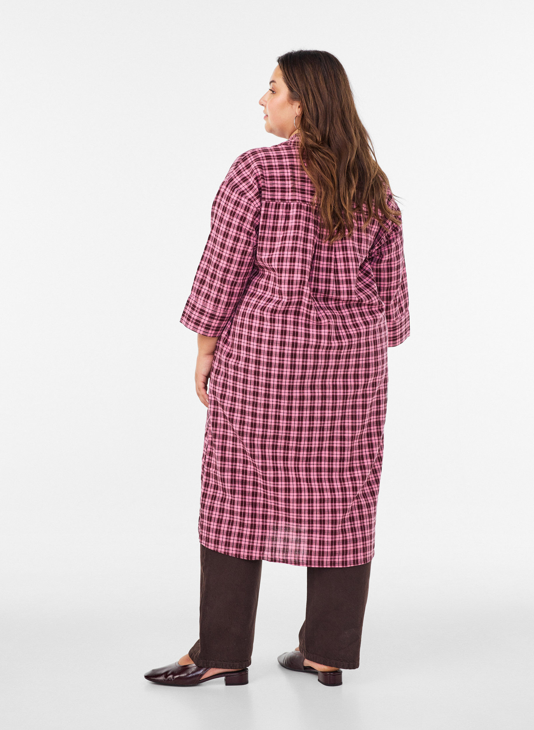 ZizziL&aring;ng rutig skjorta med 3/4-&auml;rmar, Rosa, Model image number 1