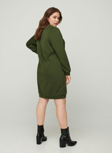 Sweatklänning med v-hals, Khaki Green , Model image number 1