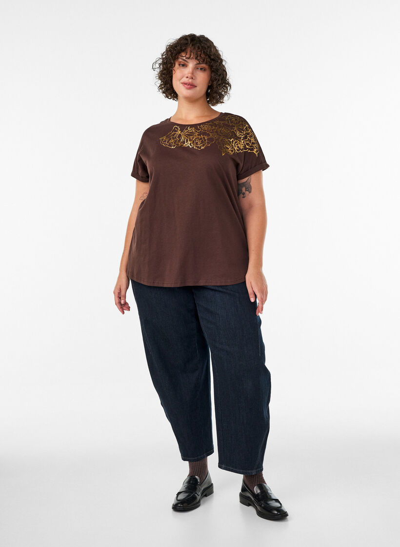 T-shirt i bomull med blommigt m&ouml;nster, Brun, Model image number 1