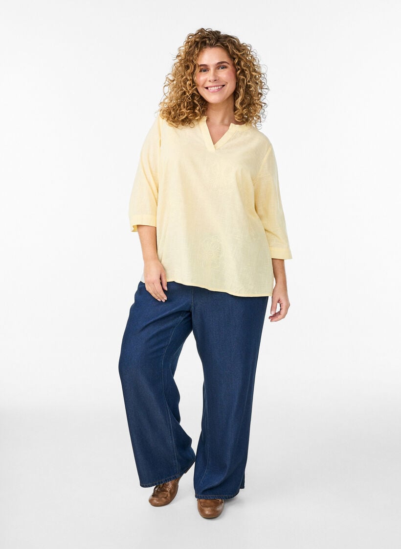 Blus i bomull med broderade detaljer och 3/4-&auml;rmar, Gul, Model image number 1