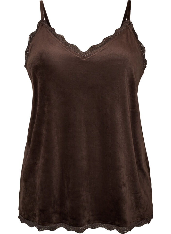 Topp i velour med spetskant, Brun, Packshot image number 0