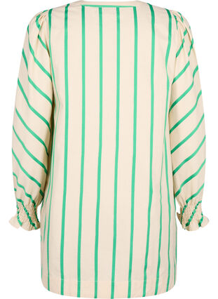 Randig tunika i bomull med smock och volanger, Beige Green Stripe, Packshot image number 1