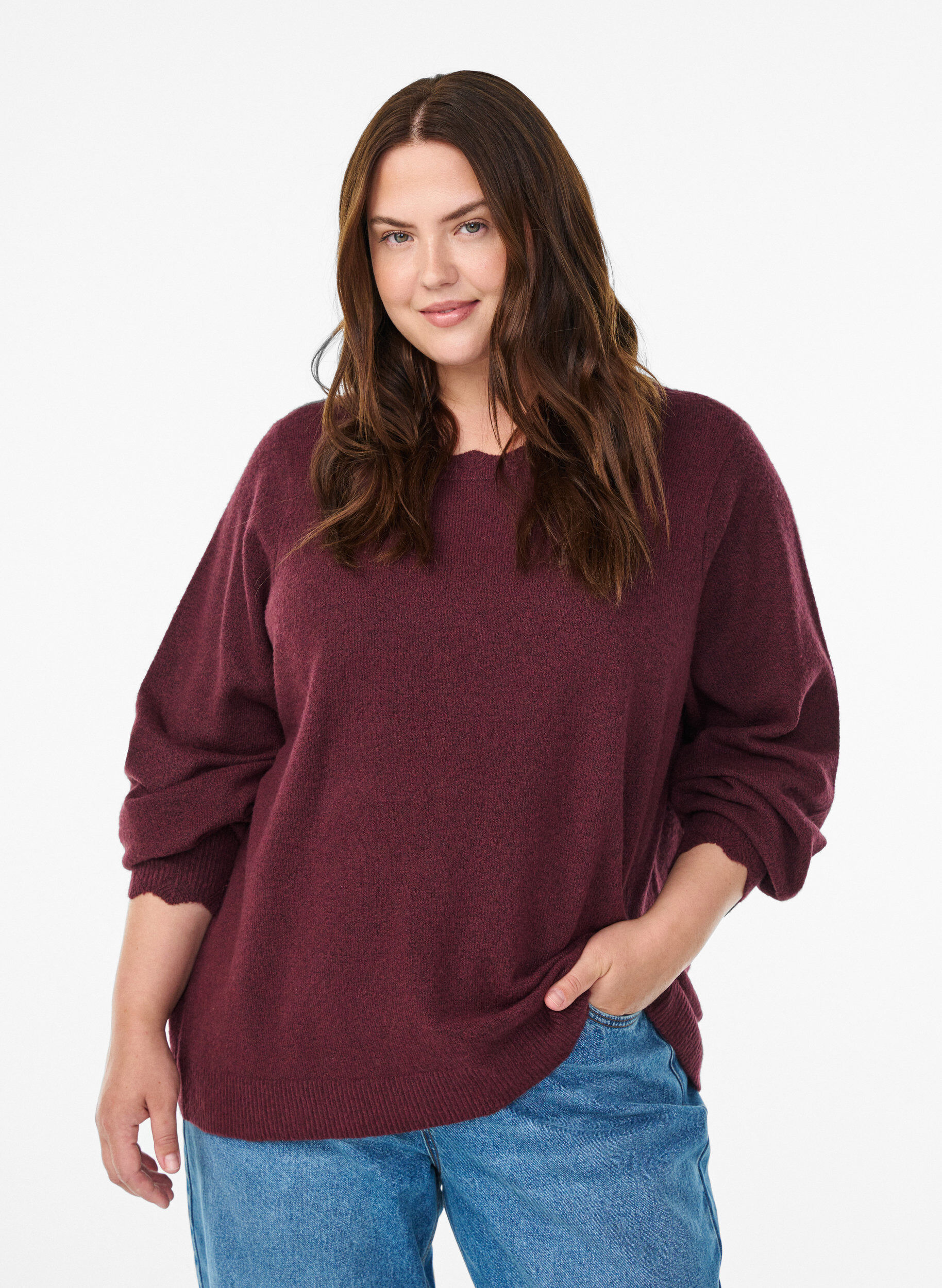 ZizziStickad blus med v&aring;giga kanter, M&ouml;rk Bordeaux, Model image number 0