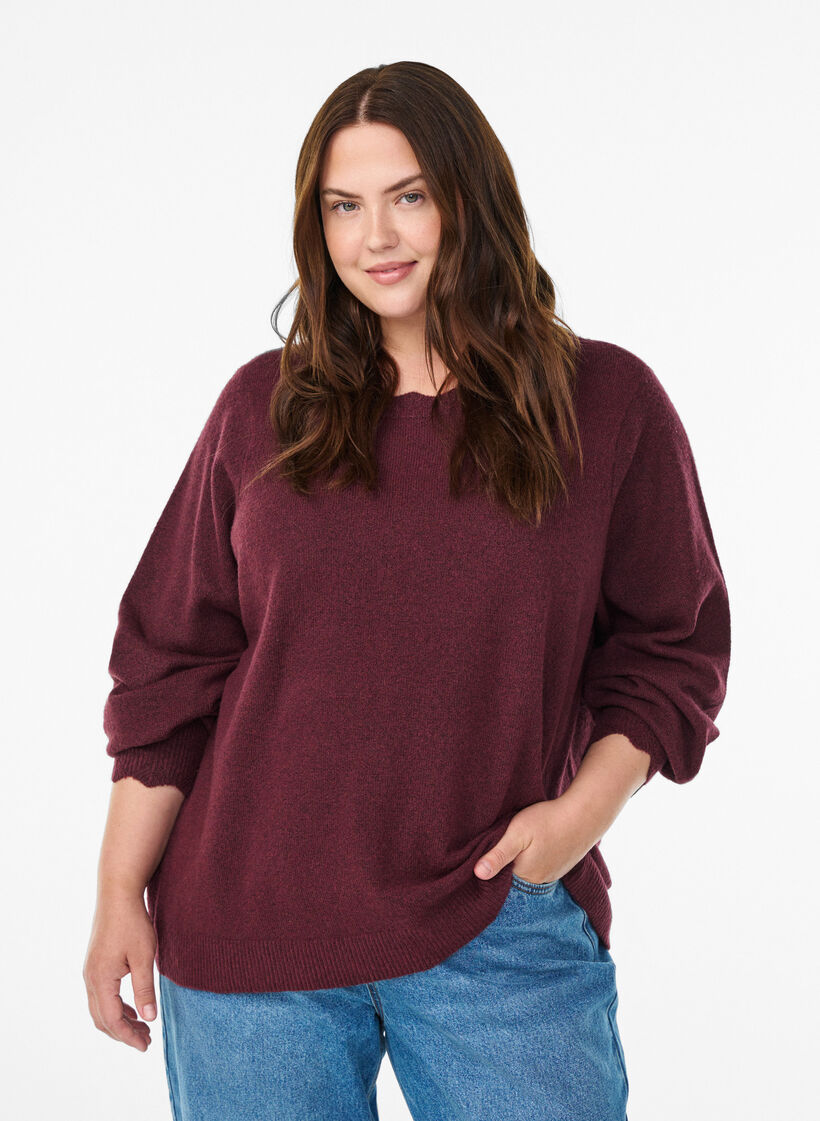 Stickad blus med v&aring;giga kanter, M&ouml;rk Bordeaux, Model image number 0