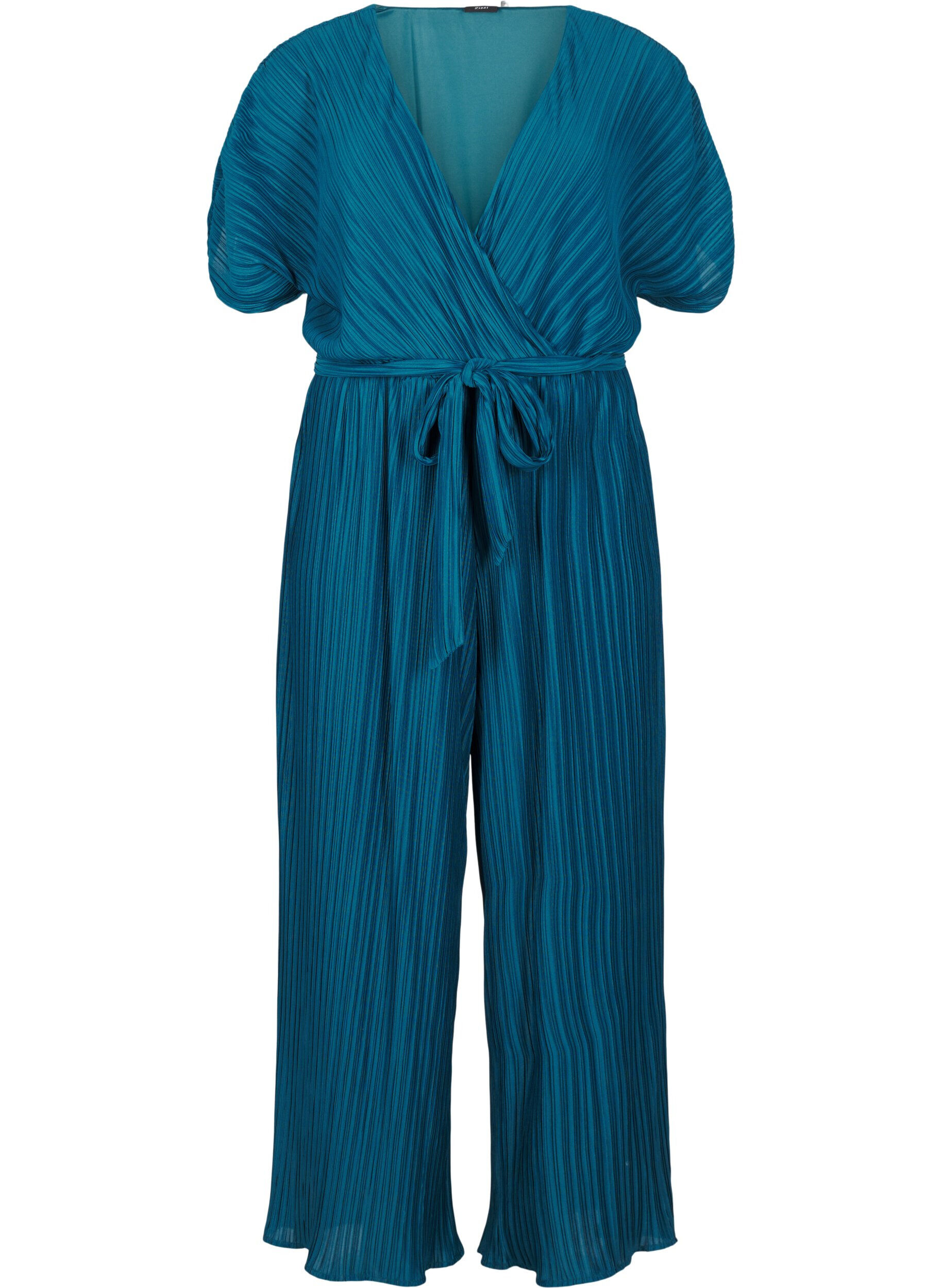 Zizzi Pl&auml;serad jumpsuit med knytsk&auml;rp och vida &auml;rmar, Bl&aring;, Packshot image number 0
