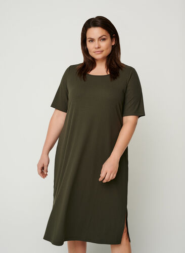 Ribbad klänning med korta ärmar, Dark Green, Model image number 0