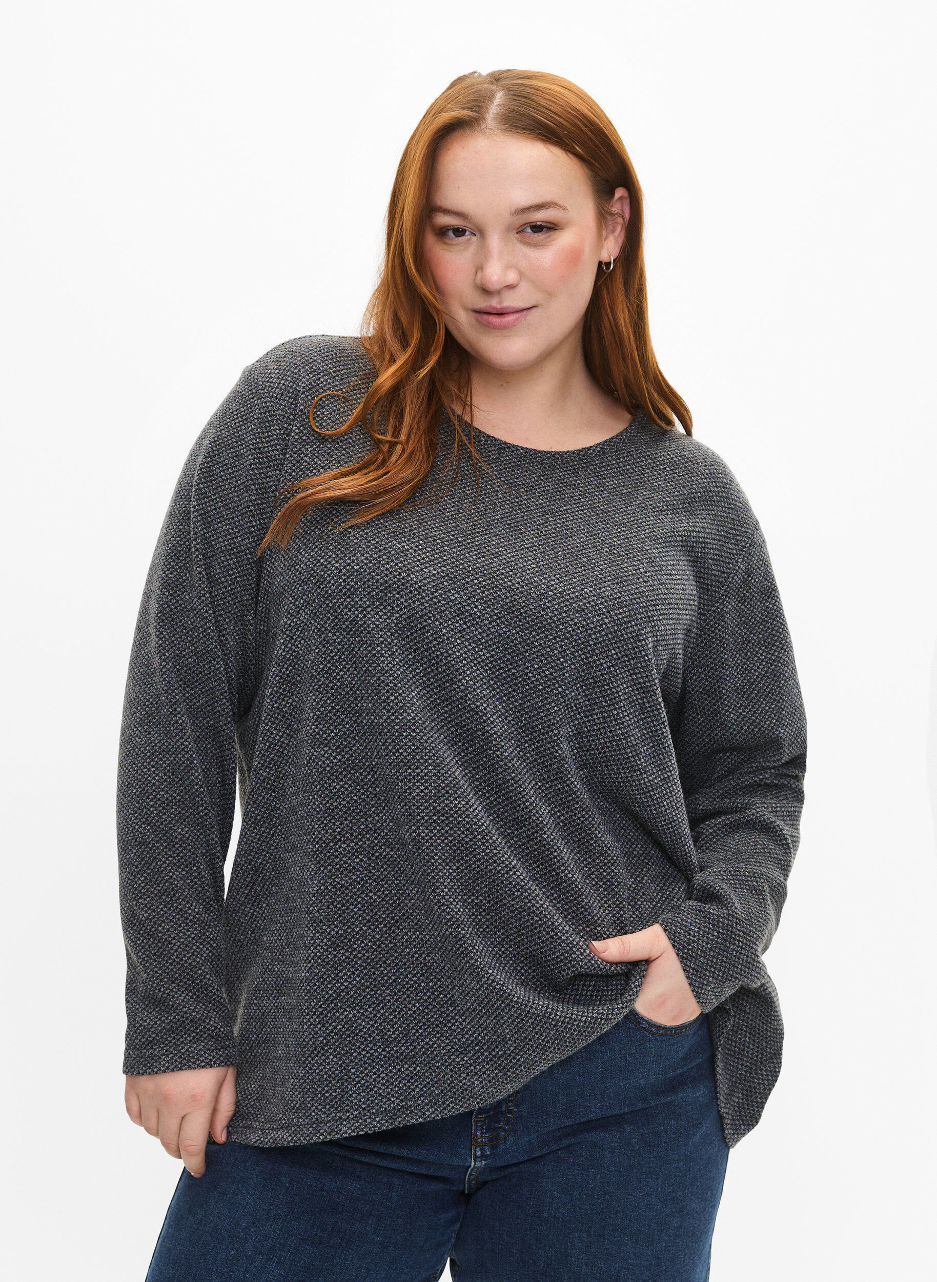 Zizzi Melange blus med rund halsringning och l&aring;nga &auml;rmar, Dark Grey, Model image number 0