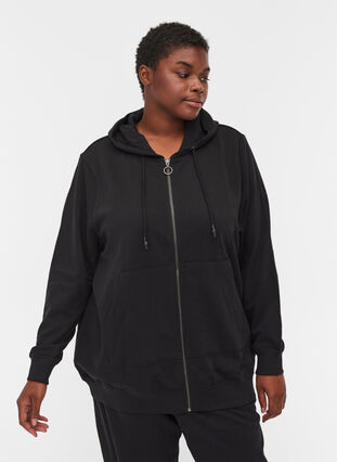 Munkjacka i sweatshirtkvalitet med huva och fickor, Black, Model image number 0