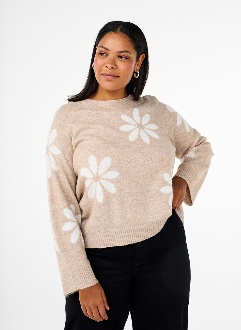 Stickad blus med blommor, Simply Taupe Comb, Model image number 0