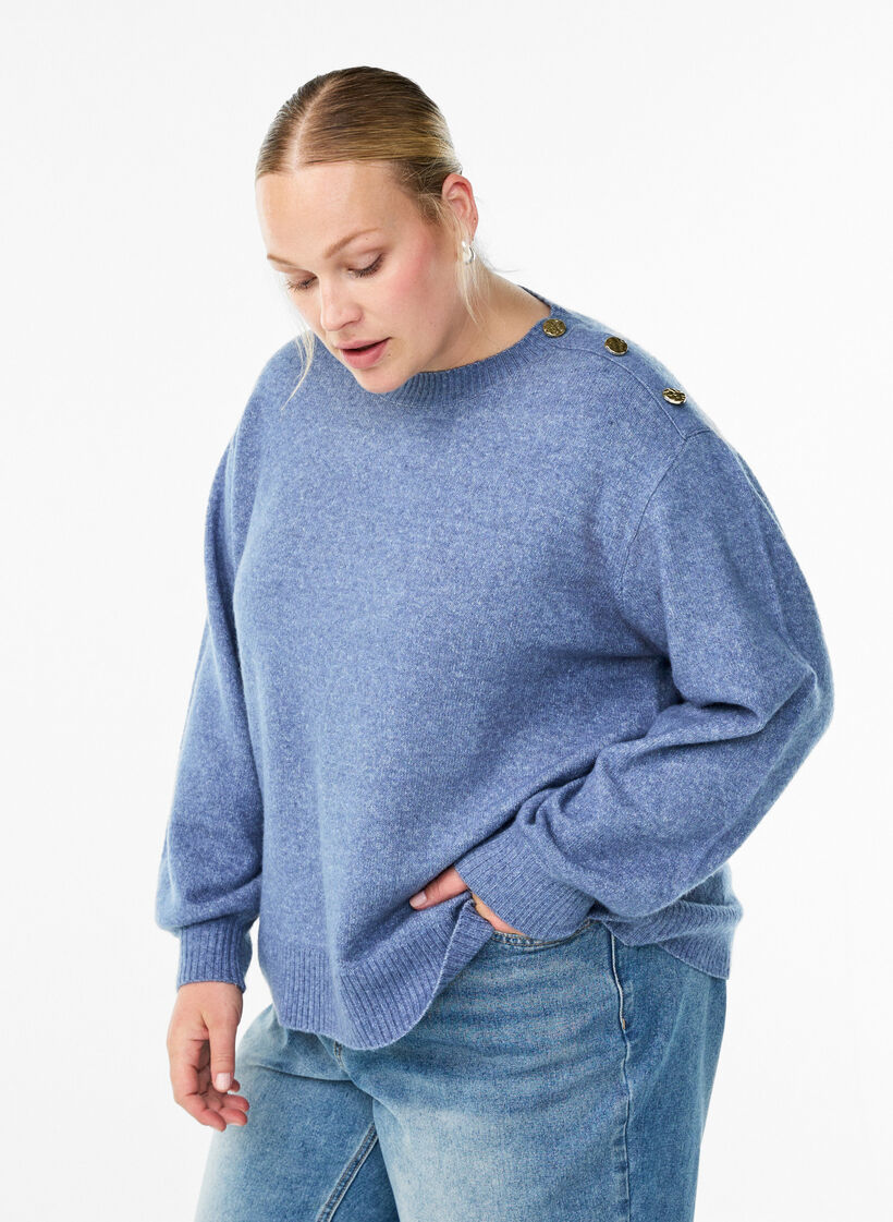 Stickad blus med knappdetalj, Bl&aring;, Model image number 0