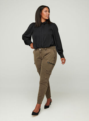 Skjorta med lätt puffärm och knytdetalj, Black, Model image number 2