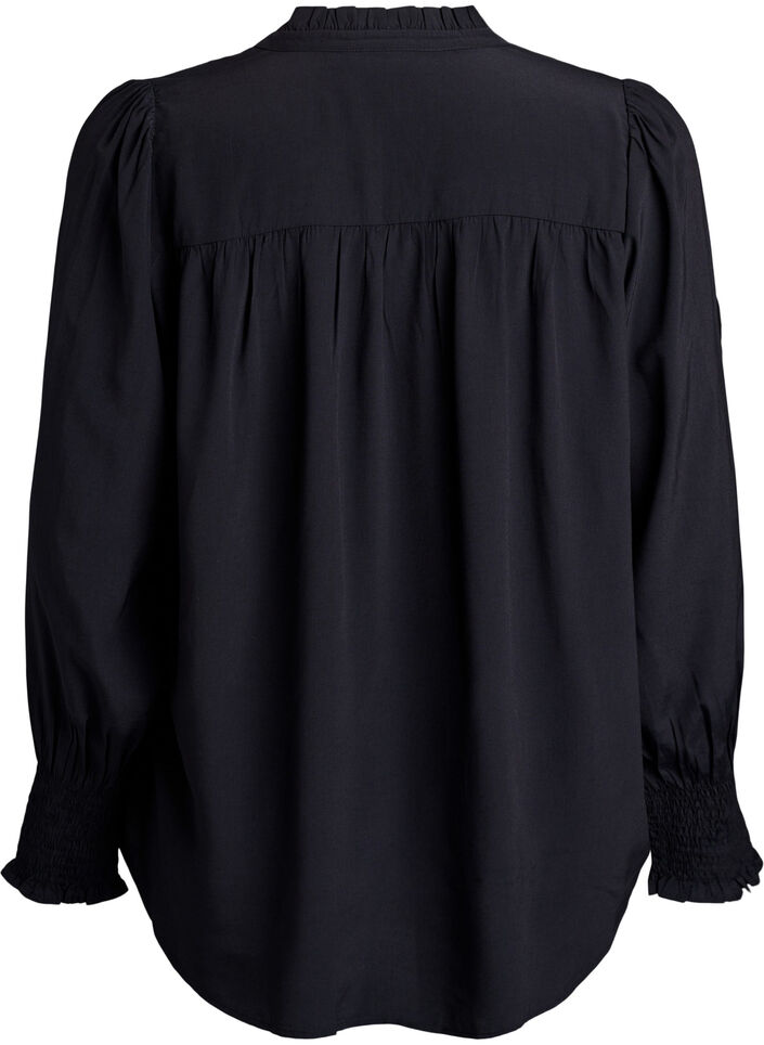 Blus med volangkrage och rynkning, Svart, Packshot image number 1
