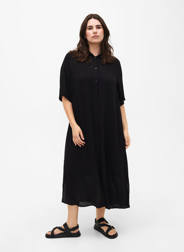 Skjortklänning i viskos med korta ärmar, Black, Model image number 0