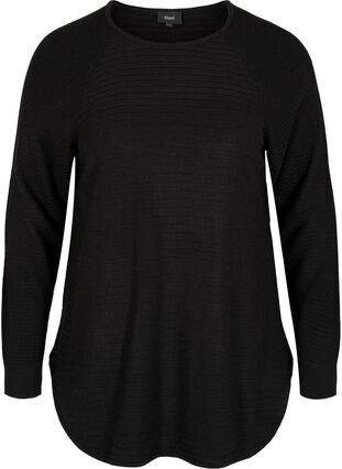 Stickad tröja med struktur och rund hals, Black, Packshot image number 0