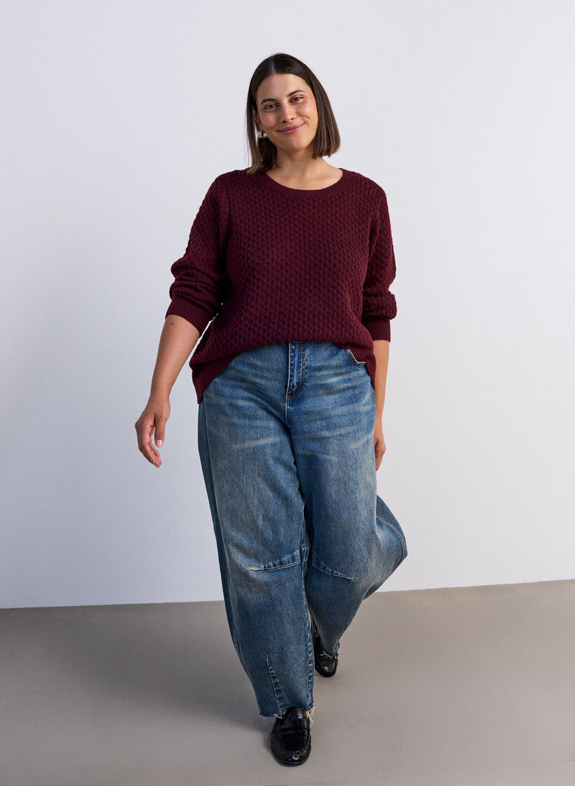 Stickad blus med strukturerat h&aring;lm&ouml;nster, R&ouml;d, Model image number 1