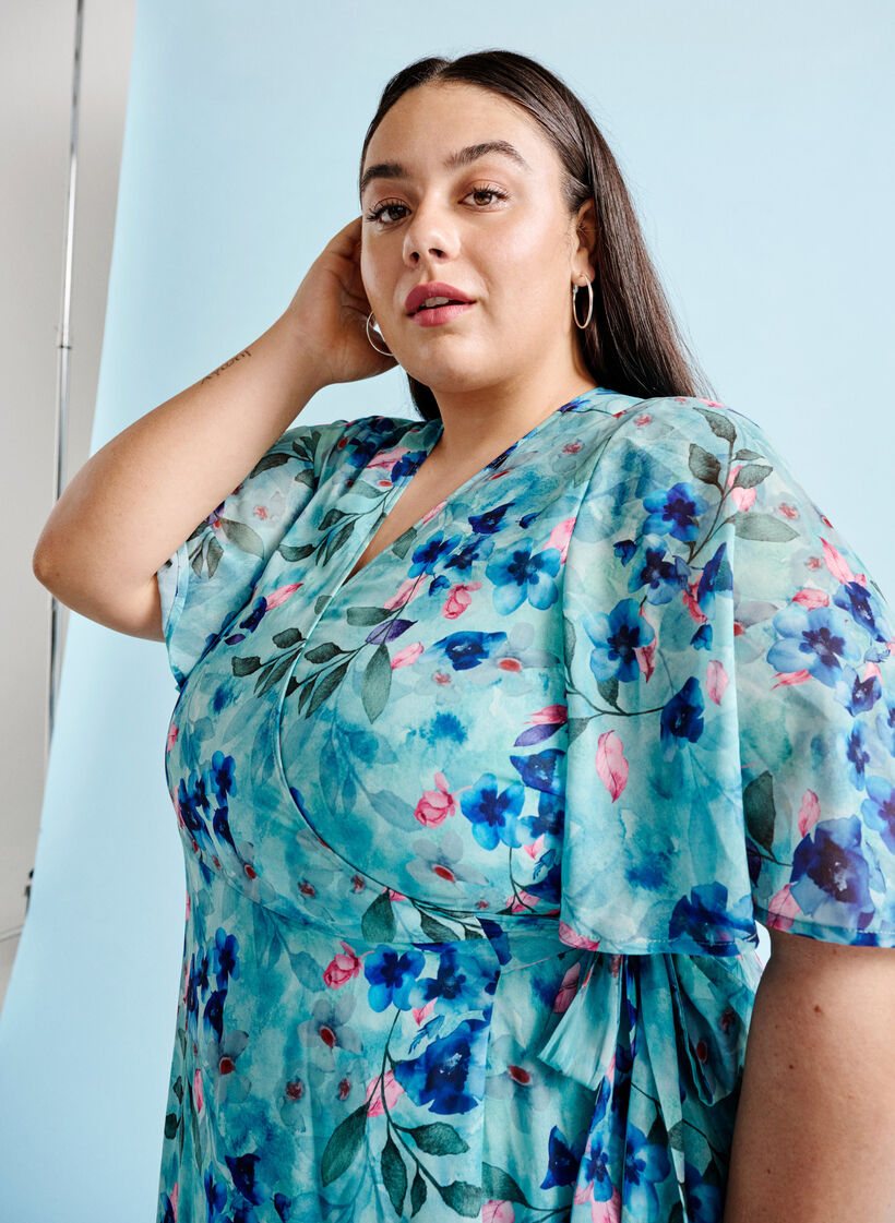 Blommig omlottklänning med korta ärmar, Trellis AOP, Image image number 1