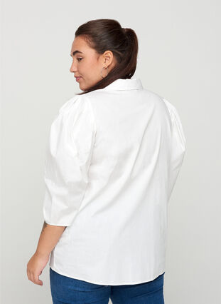 Skjorta i bomull med 3/4 puffärmar, Bright White, Model image number 1