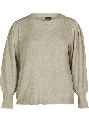 Stickad tröja med ribbat mönster och ballongärmar, Pumice Stone Mel., Packshot image number 0