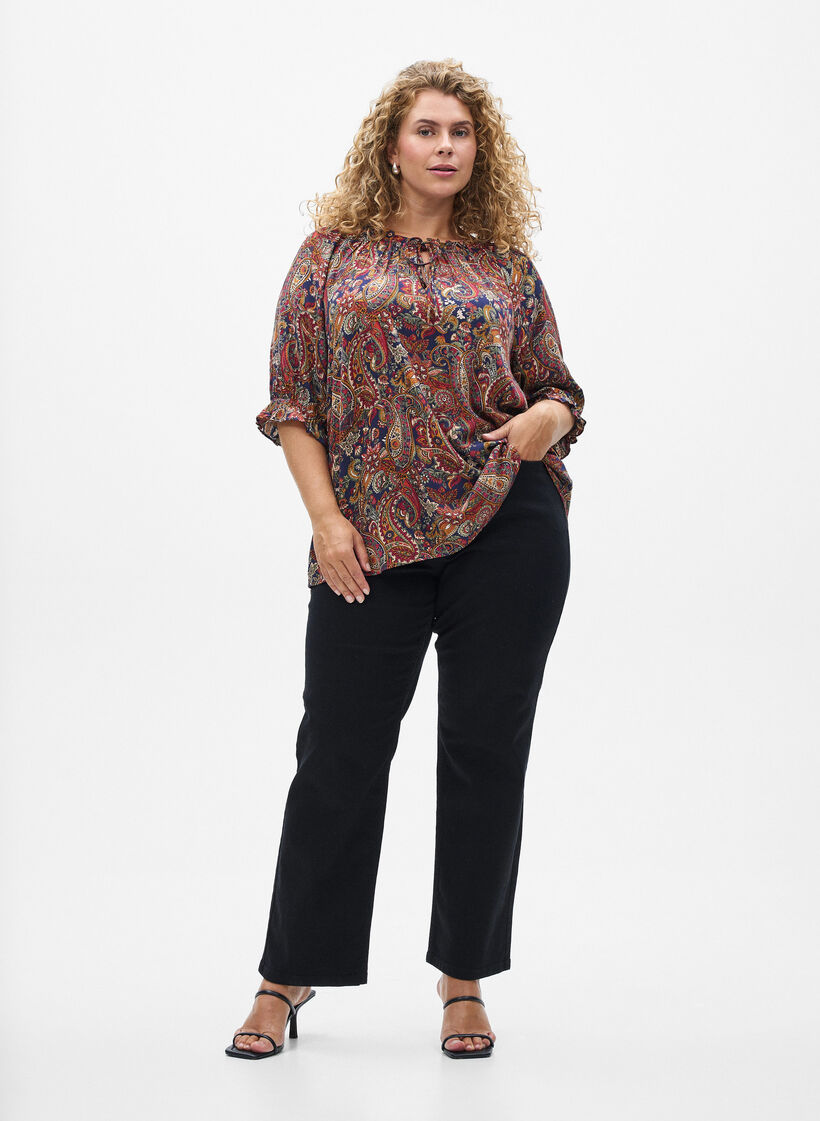 Blus i viskos med paisleym&ouml;nster och &auml;rmar till armb&aring;gen, Bl&aring;, Model image number 1