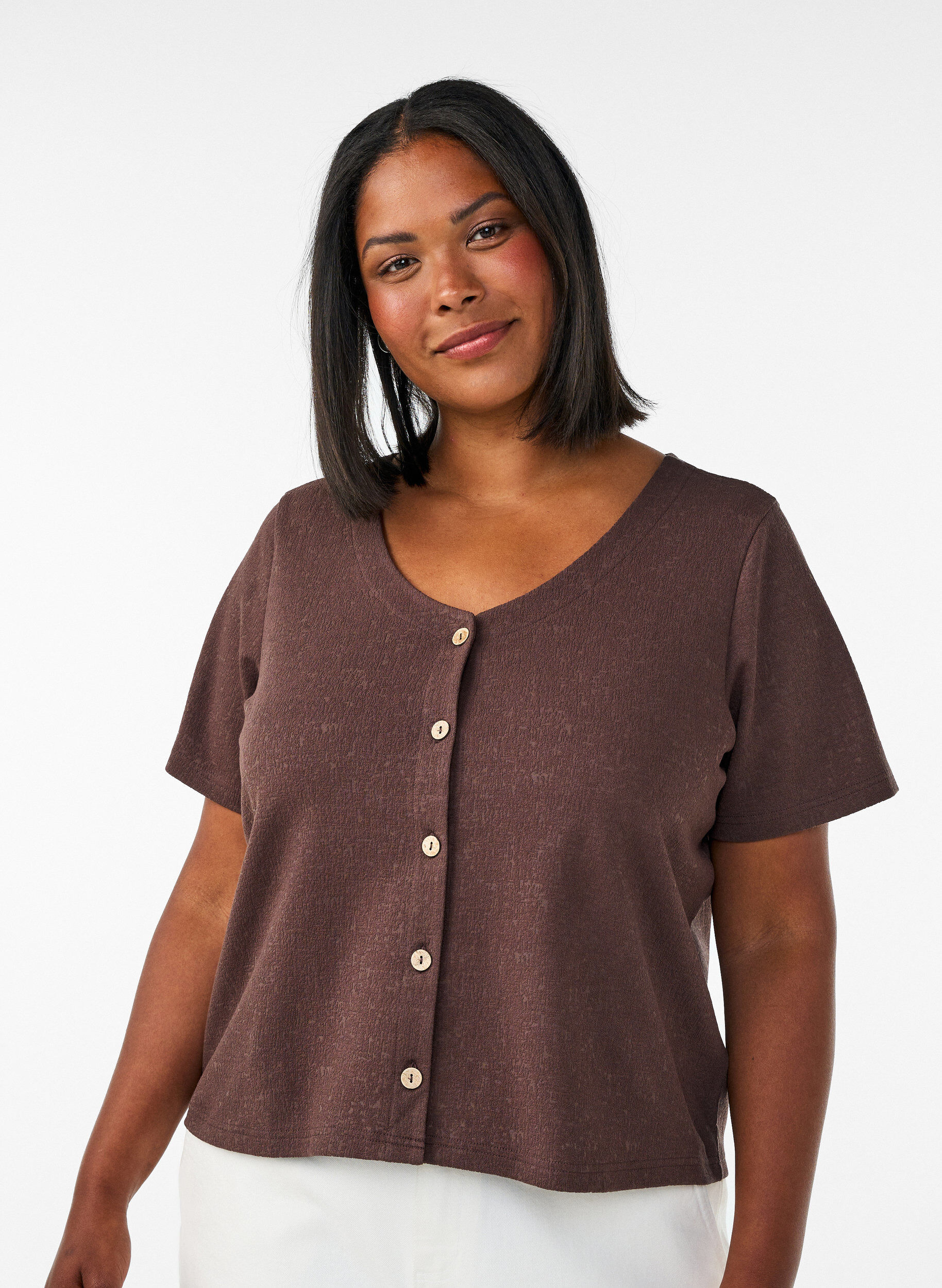 ZizziBlus i bomull med struktur och knappkn&auml;ppning, Brun, Model image number 0
