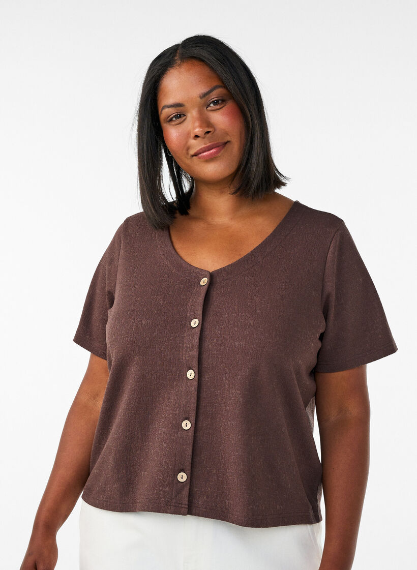 Blus i bomull med struktur och knappkn&auml;ppning, Brun, Model image number 0